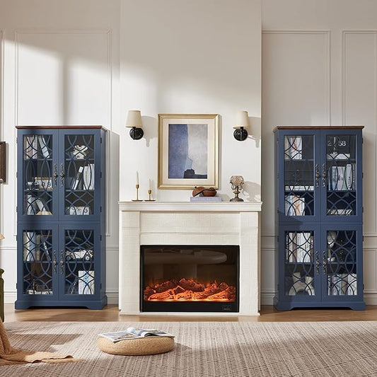 67" Tall Bookshelf, Vintage Book Shelf with Glass Doors, 5-Tier Wood Bookcase w/Adjustable Storage Shelves, Freestanding Rustic Curio Display Cabinet for Living Room,Office,Navy Blue, 2PCS