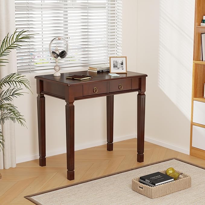 Small Computer Writing Desk with 2 Storage Drawers, 31.5"W Vanity Dressing Desk, French Provincial Corner Desk Table with Carved Legs, Solid Wood Accent Table, Easy Assembly, Dark Cherry SSZ-D1258