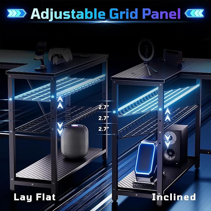Bestier Gaming Desk with Power Outlets, 42" L-Shaped Computer Desk with LED Lights, Desk with Reversible Storage Shelves & Hooks for Small Spaces, Bedrooms & Offices, Black Carbon Fiber
