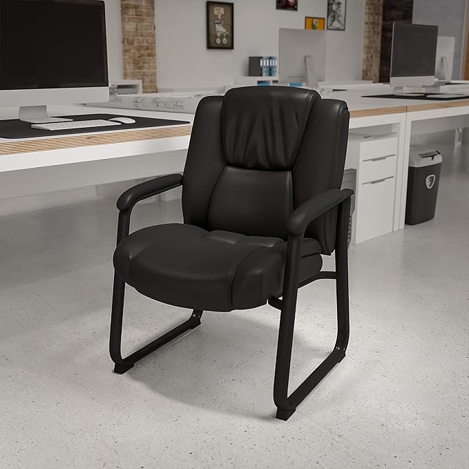 Flash Furniture LeatherSoft Executive Reception Chair with Padded Armrests and Sled Base, Upholstered Side Chair for Living Room or Office, Black