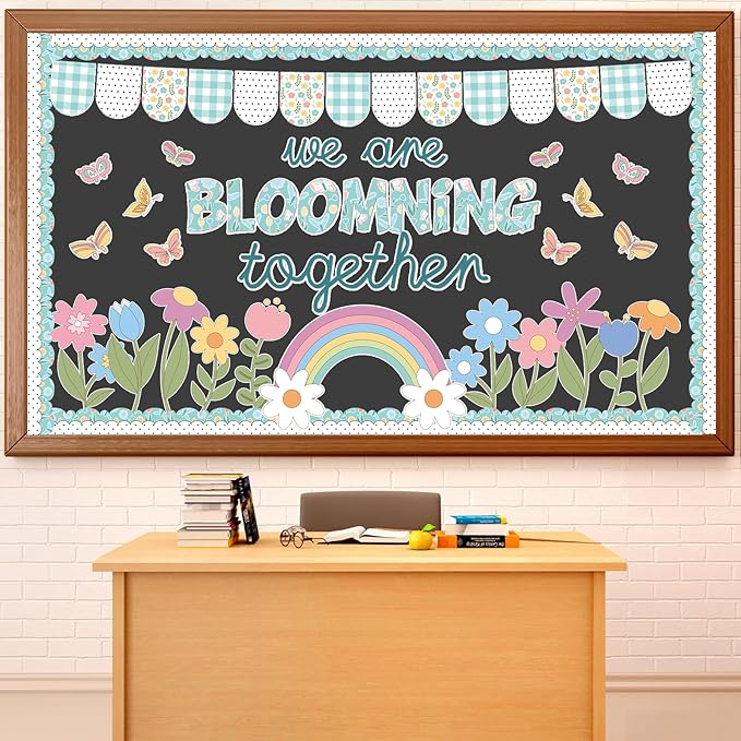 70PCS Spring Classroom Bulletin Board Decorations Flower Bulletin Board Set We are Blooming Together Floral Butterfly Bulletin Board Rainbow Cutouts for School Office Home Wall Decor
