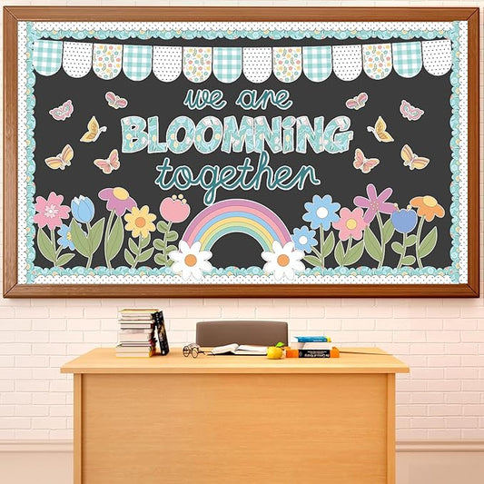 70PCS Spring Classroom Bulletin Board Decorations Flower Bulletin Board Set We are Blooming Together Floral Butterfly Bulletin Board Rainbow Cutouts for School Office Home Wall Decor