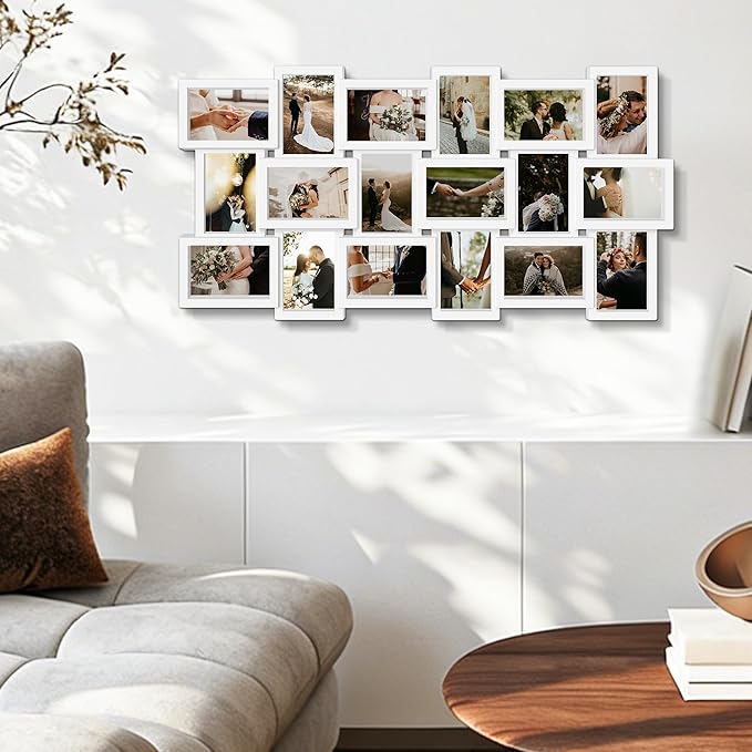 J.M.Deco Collage Picture Frames for Wall Decor, 18-Opening Family Picture Frame Set, One-Piece Photo Frames for Living Room, Bedroom, Gallery, Pure White