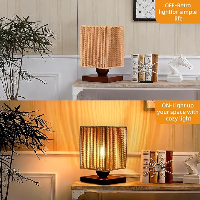 Rattan Table Lamp, Boho Bedside Lamp Vintage Wooden Nightstand Nightlight, Rustic Bamboo Woven End Table Lamps, Handmade Woven Desk Lamp, Christmas Decor for Bedroom, Living, Room Study, Kids Room