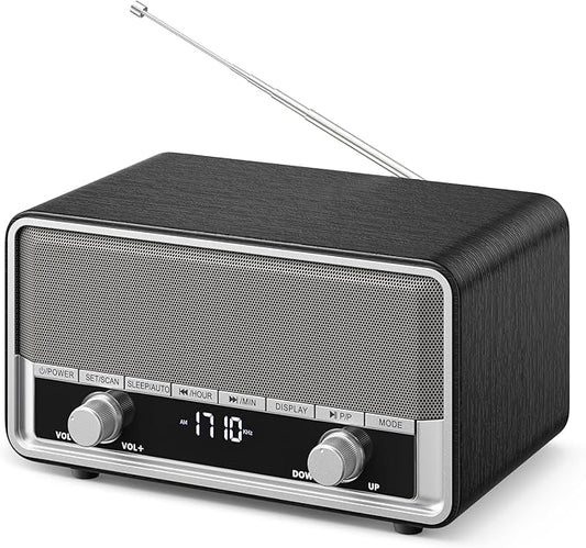 Vintage Wood AM FM Clock Radio with Bluetooth, Digital Clock Radio for Bedroom with LCD Display | 40 Presets | Sleep Timer | No Alarm, Retro Bluetooth Speaker for Office,Home, Kitchen (Space Black)
