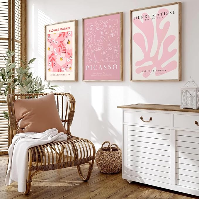 Matisse Abstract Wall Art Decor Pink Flower Canvas Pictures Picasso Aesthetic Wall Art Henri Matisse Prints Poster Abstract Flower Painting Market Artwork for Bedroom 12x16 Inch Unframed Set of 3