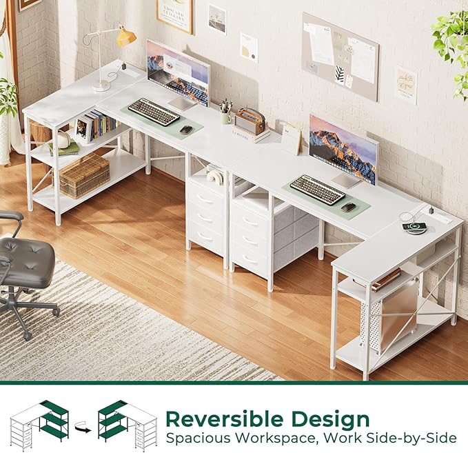 Simple Deluxe L Shaped Gaming Desk with Power Outlets, 47 Inch Computer Desk with 3 Drawers, Shelves, Corner Computer Desk for Gaming, Corner Work, Home Office, Study, White