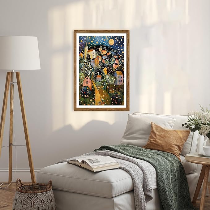 AVECCO Framed Colorful House Village Night Canvas Wall Art, Gustav Klimt Style Moon Stars Tree Wall Decor, Vibrant Starry Landscape Prints for Bathroom Living Room Bedroom Dining Room Office 16x24 in