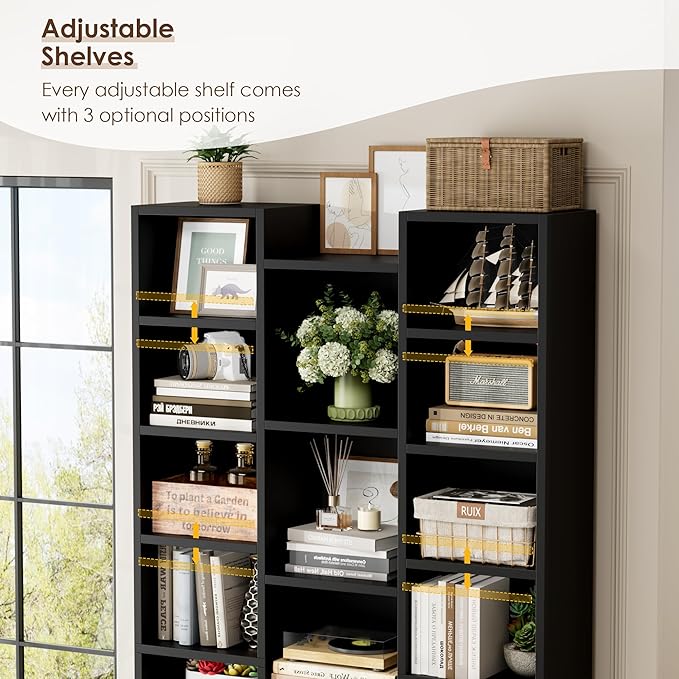 FOTOSOK 71'' Tall Bookshelf with 21 Cubes, 8 Tier Triple Wide Black Bookshelf with 8 Adjustable Shelves, 35" Large Bookcase DVD/CD Media Tower Storage, Freestanding Display Shelf Cabinet, Black