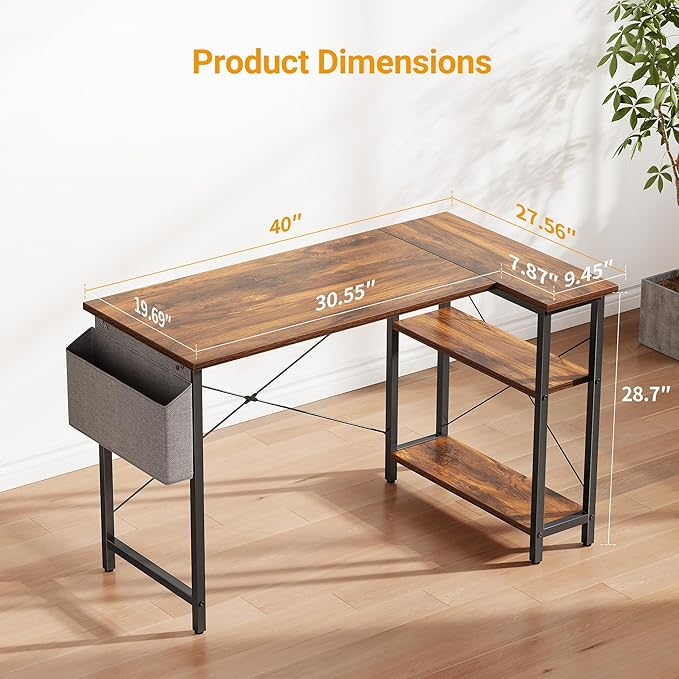 CubiCubi L Shaped Desk, 40" Computer Desk with Reversible Storage Shelves Home Office Corner Desk Study Writing Gaming Table, Brown