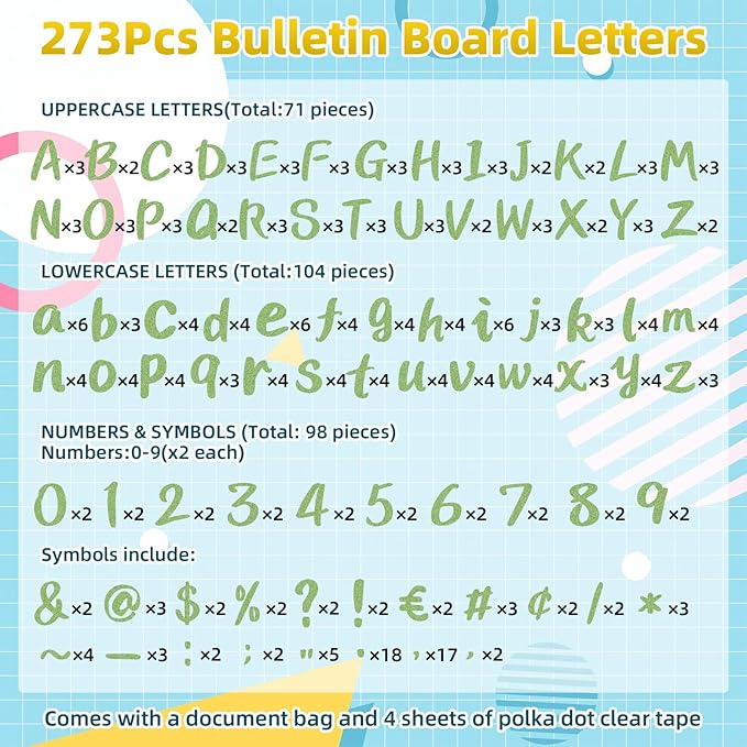 273 Pcs 4 Inch Glitter Bulletin Board Letters Set - Poster Board Letter Cutouts with Alphabet, Symbols, Numbers, Storage Bag - Classroom Decor, DIY Projects, Teacher Supplies, Office (Grass Green)