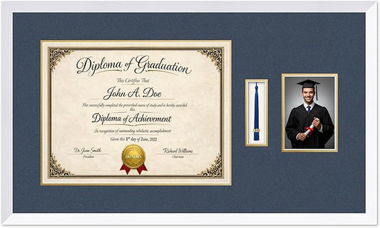 Diploma Tassel and Photo Frame Bright White Shadowbox Navy Blue Over Gold Mat - Fits 17 x 13 Degree Picture Made in the USA
