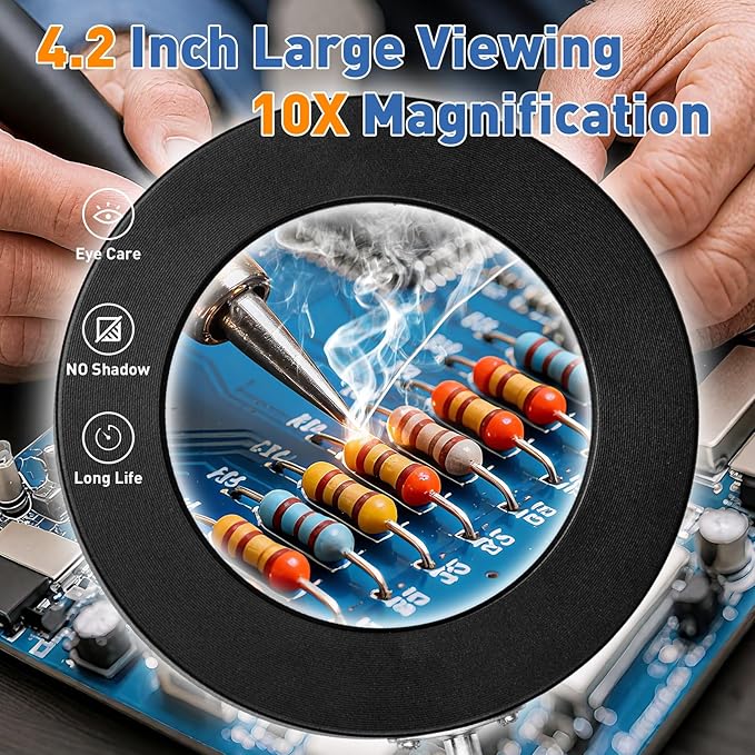 HITTI 10X Magnifying Glass with Light, 1,800 Lumens Stepless Dimmable, 3 Color Modes, 4.2″ Real Glass Lens LED Desk Lamp & Clamp, Magnifier Light and Stand for Crafts, Soldering, Fly Tying, Close Work