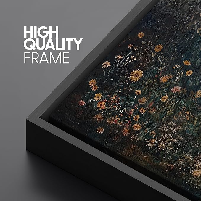 SIGNFORD Extra Large Framed Canvas Moonlit Forest with Wildflowers Mystical Illustrations Modern Art Calm Warm for Living Room, Bedroom, Office - 60"x30"