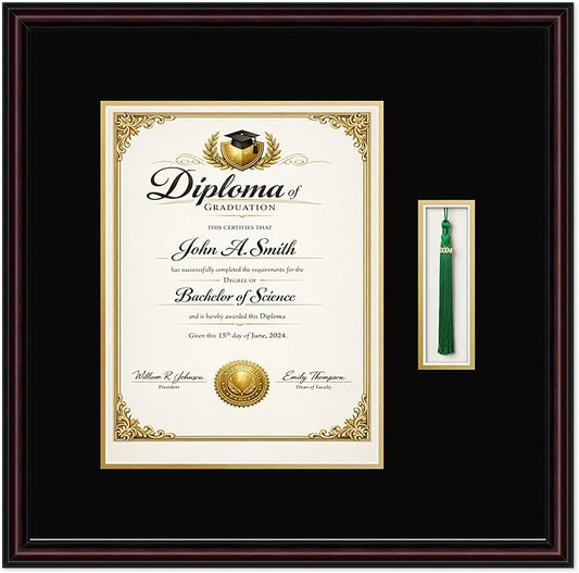 CountryArtHouse Diploma and Tassel Frame Fits 10 x 13 College Diploma (Portrait Traditional) Executive Brown Genuine Hardwood Shadowbox with Black Over Metallic Gold Double mat
