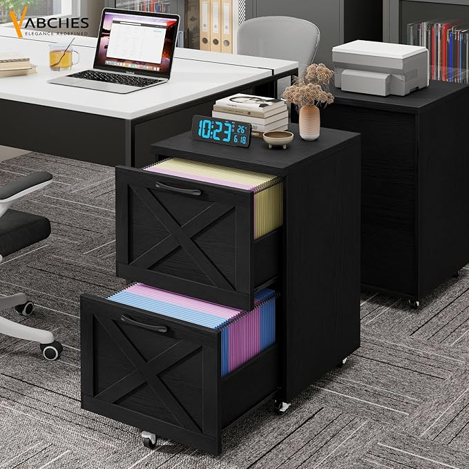 Vabches Farmhouse File Cabinet with 2 Drawers, Vertical Filing Cabinet on Wheels for Letter/A4 Size Hanging Files, Mobile File Cabinets Printer Stand for Home Office, Black