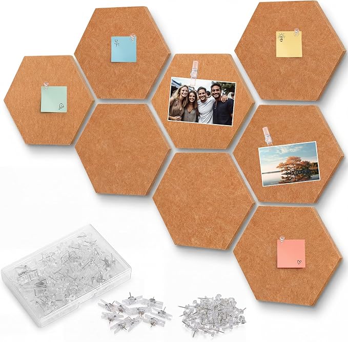 8 Pcs 12" Large Hexagon Felt Cork Bulletin Board Tiles Self Adhesive DIY Pin Board with 50 Push Pins and 10 Colored Clips, Wall Decor for Office Home Kitchen Photos Memos(Yellow)