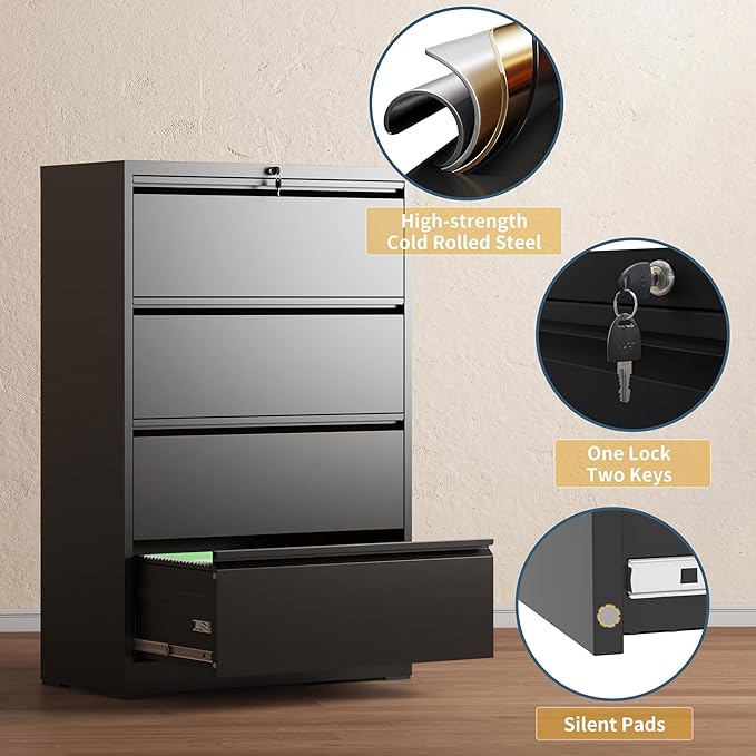 4 Drawer File Cabinet with Lock, Lateral Filing Cabinets,Metal Storage Filing Cabinets for Home Office, Heavy Duty File Cabinet for Letter/Legal/A4/F4 Size Amsseble Required, Black