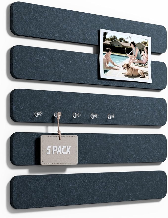 Fluxynara Cork Board Alternative Felt Strip Board 5-Pack 13"x2", Office Pin Board with 35 Push Pins, Adhesive Install for Bedroom Door & Home Office(Denim Blue)