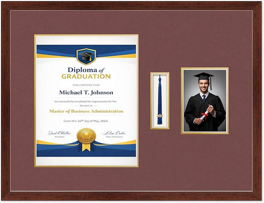 Diploma Tassel and Photo Frame Rustic Walnut Shadowbox Dark Red Over Gold Mat - Fits 11 x 14 Degree Picture Made in the USA