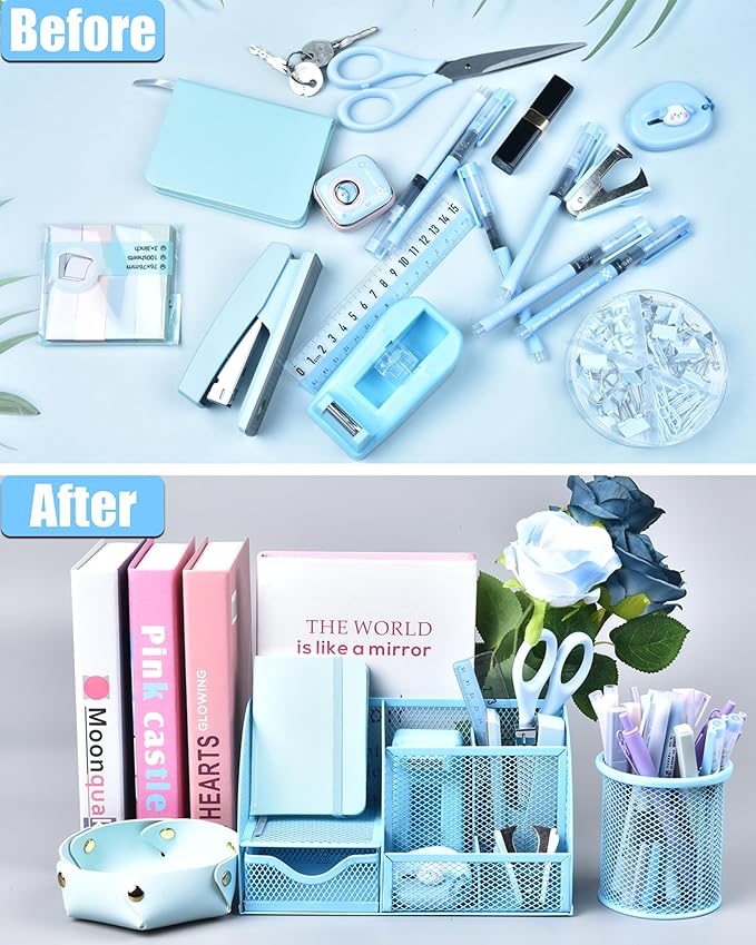 Blue Desk Accessories, 26Pcs Office Supplies and Desk Organizers, with Tape Dispenser, Stapler, Staple Remover, Ect, Gift Box Packaging