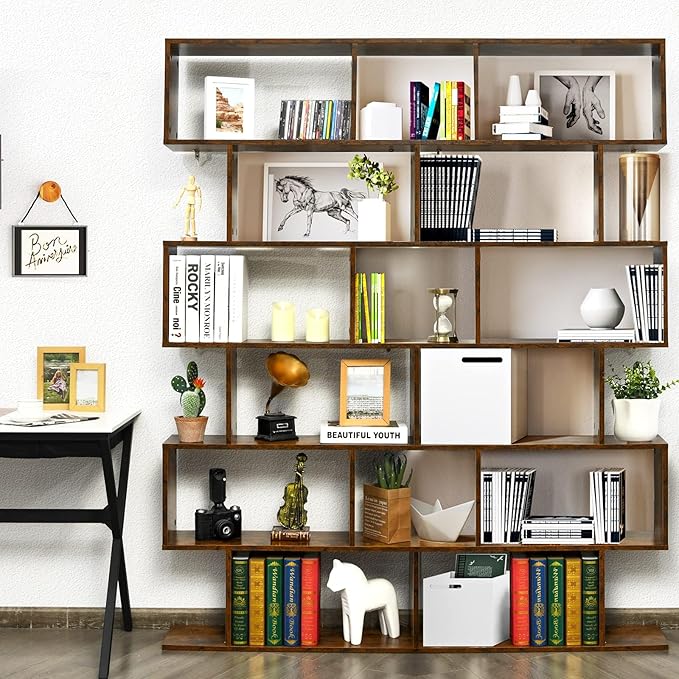 Tangkula 6-Tier Geometric Bookcase, Modern S-Shaped Storage Display Bookshelf for Living Room, Anti-Toppling Device, Home Office Wooden 6 Shelf Open Bookcase (2, Coffee)
