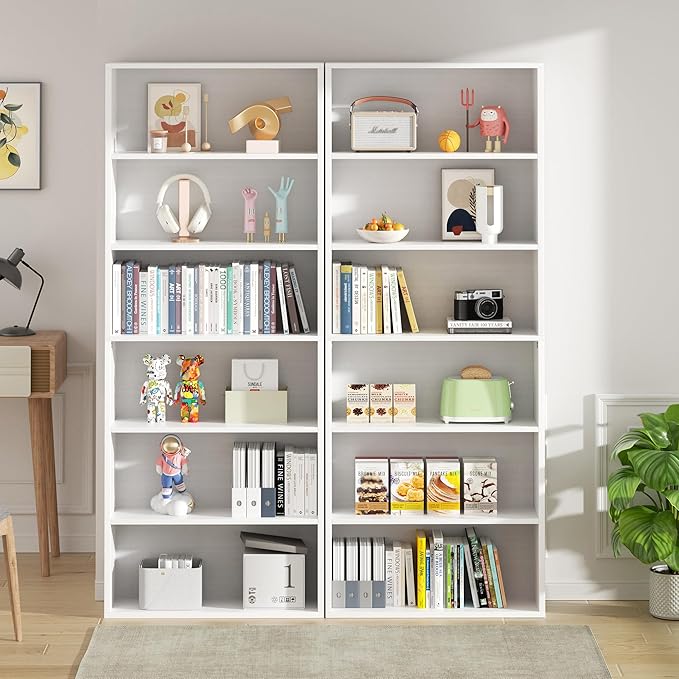 Vongrasig 6-Tier Open Bookcase and Bookshelf, Floor Standing Wood Display Storage Shelves 71 Inch Tall Bookcase Home Decor Furniture for Home Office, Living Room, Bed Room, White, 2 Pieces
