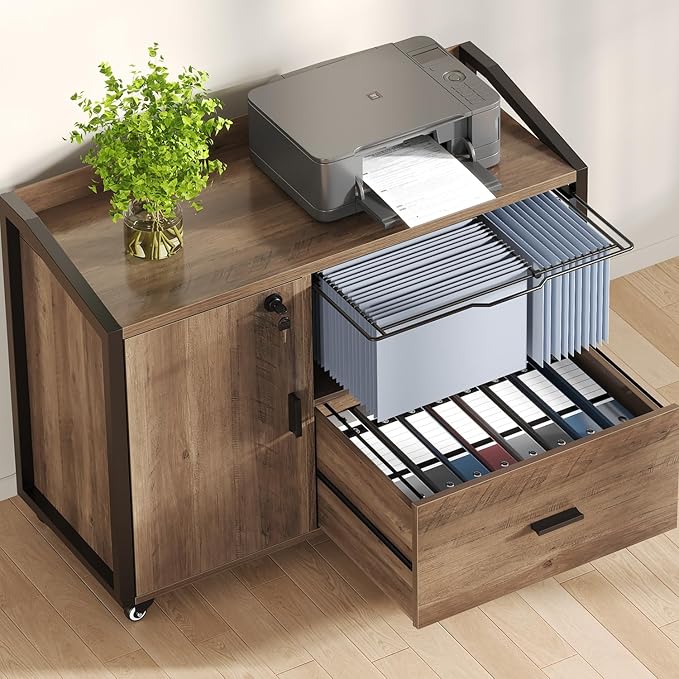 HSH Rolling File Cabinet with Lock, Mobile Lateral Filling Cabinet on Wheels, Wood Metal Printer Stand with Storage Drawer Shelf, Modern File Cabinets Fits F4 Legal for Home Office, Rustic Oak, 33Inch