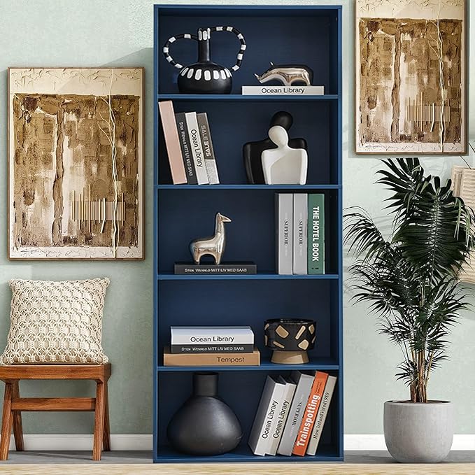 Tall Bookshelves with Cabinet, Office Storage Cabinets and Bookshelf, 5-Tier Wooden Bookcase with Storage, Floor Standing Display Cabinet Shelves for Living Room, Home Office, Blue