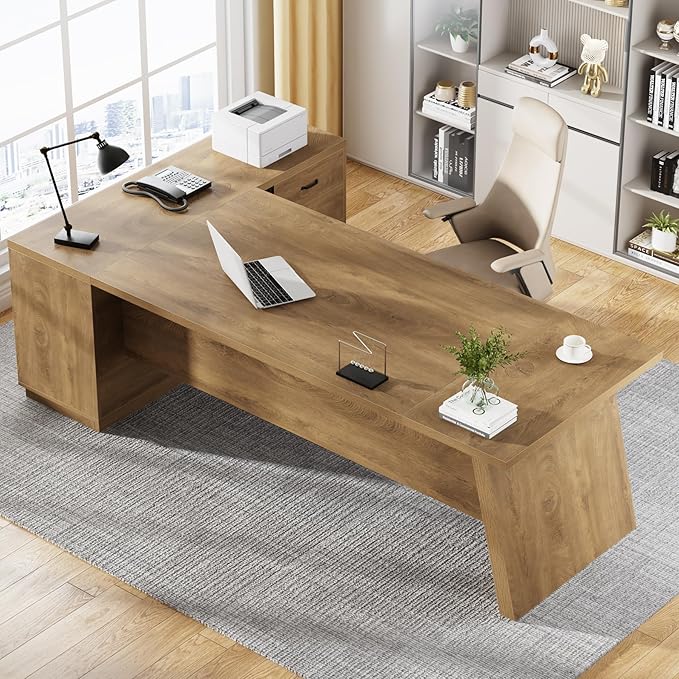 Tribesigns Modern L-Shaped Executive Desk, 78.7" L x 31.5" W x 29.5" H, Brown, 3 Drawers, 2 Shelves, Scratch Resistant, Home Office Desk