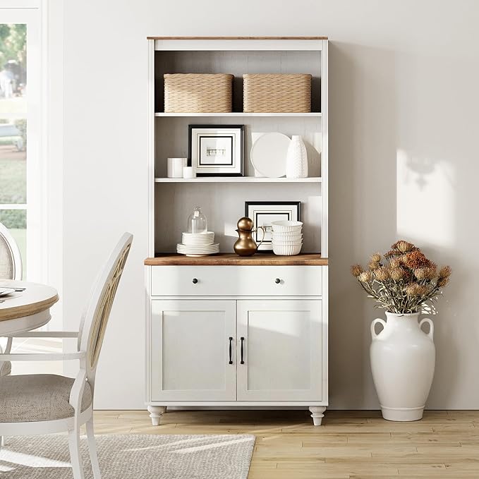 WAMPAT 5 Tier Bookshelf 72" Tall Bookcase with Barn Doors, Large Farmhouse Display Book Shelf with Wood Doors and Storage Cabinet，Library Wooden Bookshelves for Living Room, Office, Kitchen, White