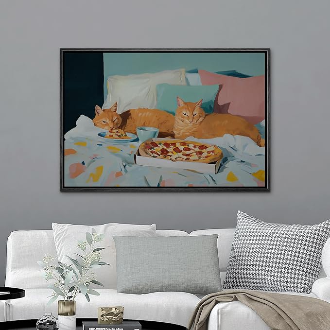 MUDECOR Framed Canvas Print Wall Art Vibrant Cat and Pizza Illustrations Minimalism Decorative Relax Colorful for Living Room, Bedroom, Office - 24"x36" BLACK
