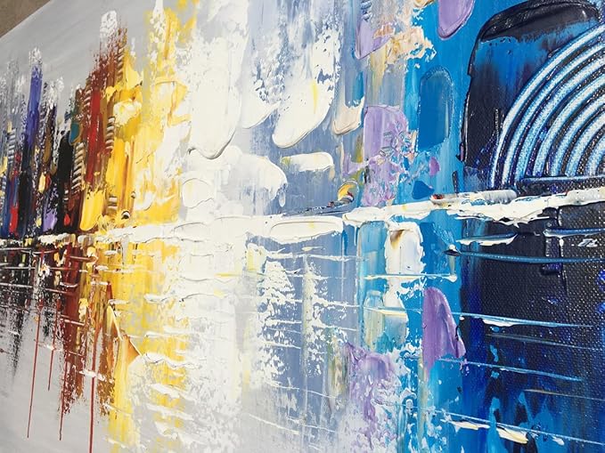 Hand-painted Textured City Oil Painting on Canvas Reflection Abstract Cityscape Wall Art for Decor