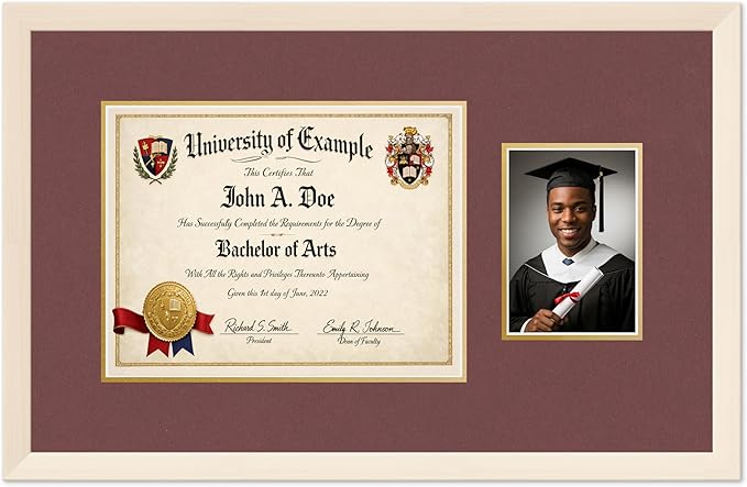 CountryArtHouse Fits 13 x 10 College Diploma (Traditional) and 5 x 7 Phot Diploma and Photo Frame Coastal Whitewash Genuine Hardwood with Dark Red Over Metallic Gold Double mat