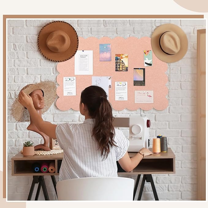 Scalloped Felt Bulletin Board 24 x 18 Inches Foldable Light Pink Pin Cork Board Alternative for Wall, 2' x 1.5' Trifold Picture Vision Self Adhesive Bulletin Decorative