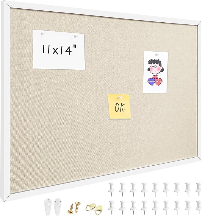 11x14.5 Inch Cork Board for Wall Hanging with Linen, Bulletin Board with Push Pins, Mounted Memo Message Board for Home Office Decor, Dorm Room Essentials, Classroom Organization