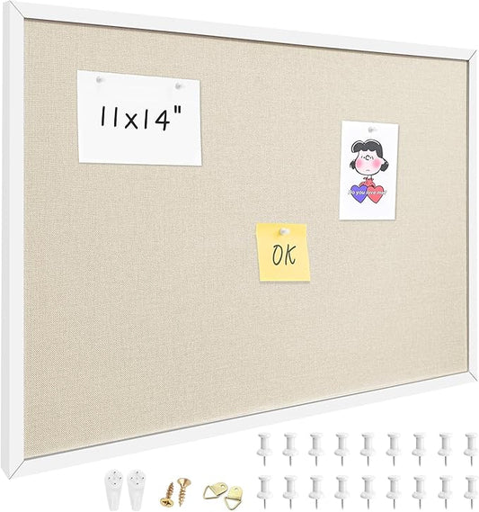 11x14.5 Inch Cork Board for Wall Hanging with Linen, Bulletin Board with Push Pins, Mounted Memo Message Board for Home Office Decor, Dorm Room Essentials, Classroom Organization