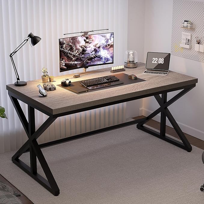 IBF Computer Desk, Industrial PC Laptop Office Desk, Farmhouse Gaming Desk with Spacious Desktop, Rustic Wood Metal Writing Study Work Table for Home Office Bedroom, 47 Inch, Grey Oak