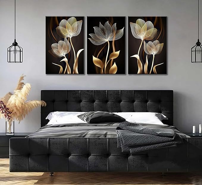 3 Pieces Modern Abstract Brown Flowers Canvas Wall Art Minimalism Black and Gold Floral Painting Pictures Luxury Wall Decor Posters Print Artwork for living room Office Bedroom Home Decoration