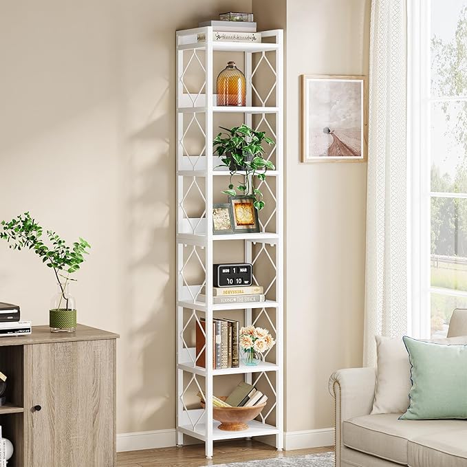 Tribesigns 78.7 Inch Extra Tall Narrow Bookshelf Set of 2, 7 Tier Skinny Bookcase for Small Spaces, Freestanding Display Shelves, Multifunctional Corner Storage Organizer for Home Office, White