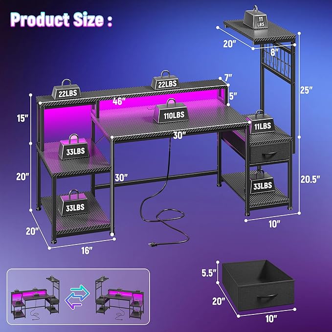 55" Gaming Desk with LED Lights & Outlets,Computer Desk with Drawers & Monitor Stand,Gaming Table with Storage Shelves & Printer Space for Game Room,Study Room,Home Office,Bedroom,Black