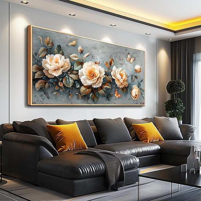 PHAOHUAXM Large Canvas Wall Art For Living Room Wall Decoration For Bedroom White Ink-Wash Flower Paintings Office Restaurant Corridor Mural Printing Artwork Home Decor Aesthetics Wood Frame 30"X60"