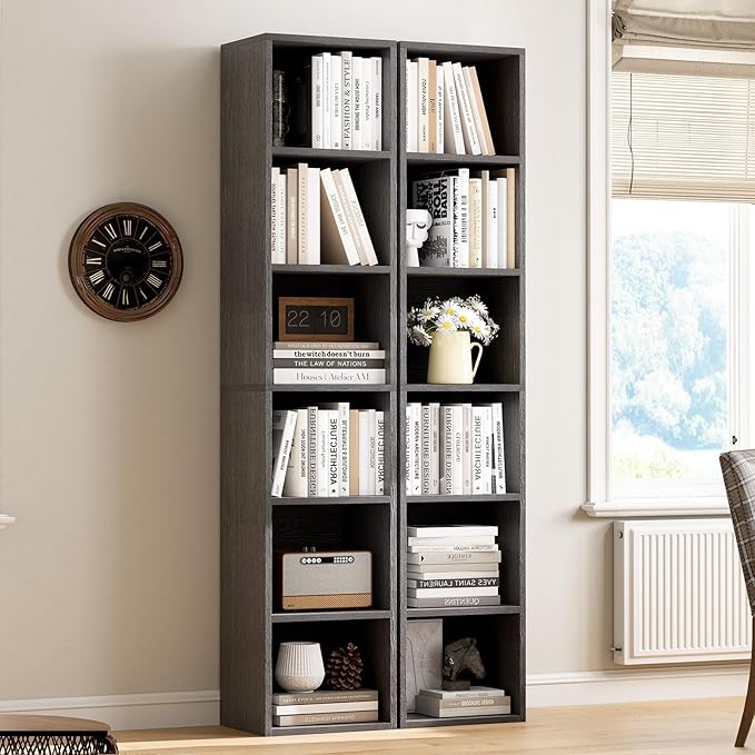 Narrow Bookshelf & Bookcase Set of 2, 6-Tier Floor Standing Open Book Shelf, Modern Corner Bookshelf with Storage Space, 71.5" Tall Bookshelves for Bedroom, Living Room and Office, Black
