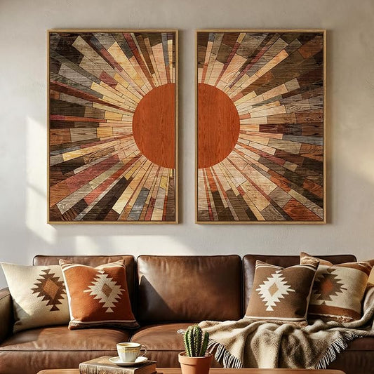Framed Boho Mid Century Sun Wall Art for Living Room, Set of 2 Abstract Farmhouse Sunrise Canvas Artwork for Walls, Vintage Earth Tone Painting Print Wall Art Decor for Bedroom Home Office, 24x36 Inch