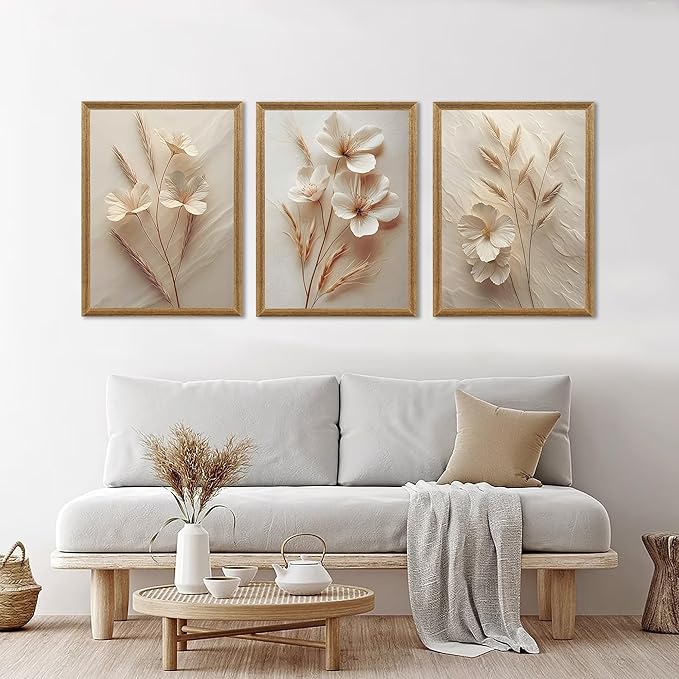 Wall Art Set Of Three Botanical Flower Canvas Prints With Wood Frames For Living Room Bedroom Home Decor Art Prints 12x16 Inch Each Wood Framed Easy To Hang