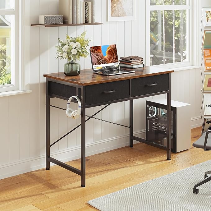 Casaottima 32 Inch Small Office Computer Desk with 2 Drawers & Headphone Hook - Compact Writing Desk for Home Office, Study or Work, Modern Space-Saving Design for Small Spaces, Pure Vintage