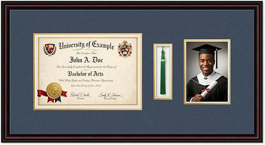 Diploma Tassel and Photo Shadowbox Fits 11.69 x 8.27 A4 Certificate with Tassel Executive Brown Genuine Hardwood with Navy Blue Over Metallic Gold Double mat