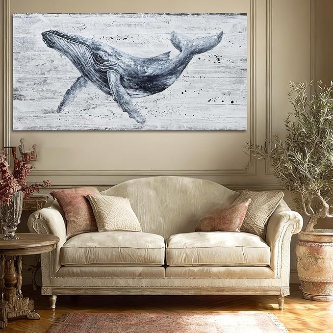 ZUNARE Modern Abstract Whale Canvas Wall Art Deep Blue Ocean Animal Posters Picture Minimalist Nautical Artwork for Living Room Bedroom Office Wall Decor 24x48 inch