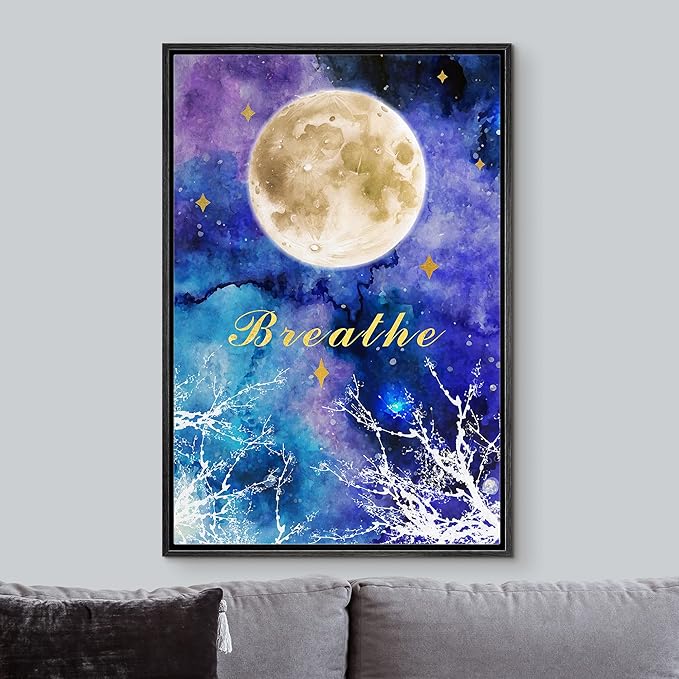 IDEA4WALL Framed Canvas Print Wall Art Breathe Watercolor Galaxy with Harvest Moon Astronomy & Space Sky Illustrations Modern Art Glam Colorful for Living Room, Bedroom, Office - 24"x36" BLACK