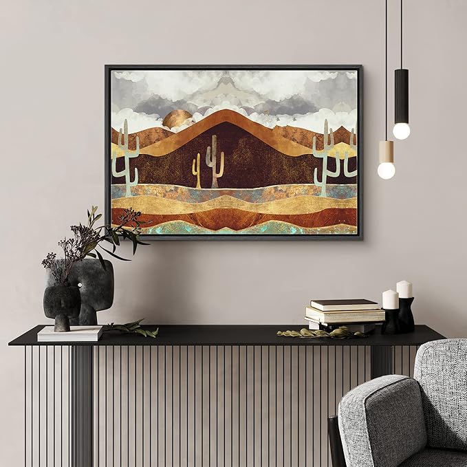 SIGNFORD Framed Canvas Print Wall Art Brown Desert Canyon with Cacti Abstract Wilderness Illustrations Modern Art Rustic Scenic Colorful for Living Room, Bedroom, Office - 16"x24" Black